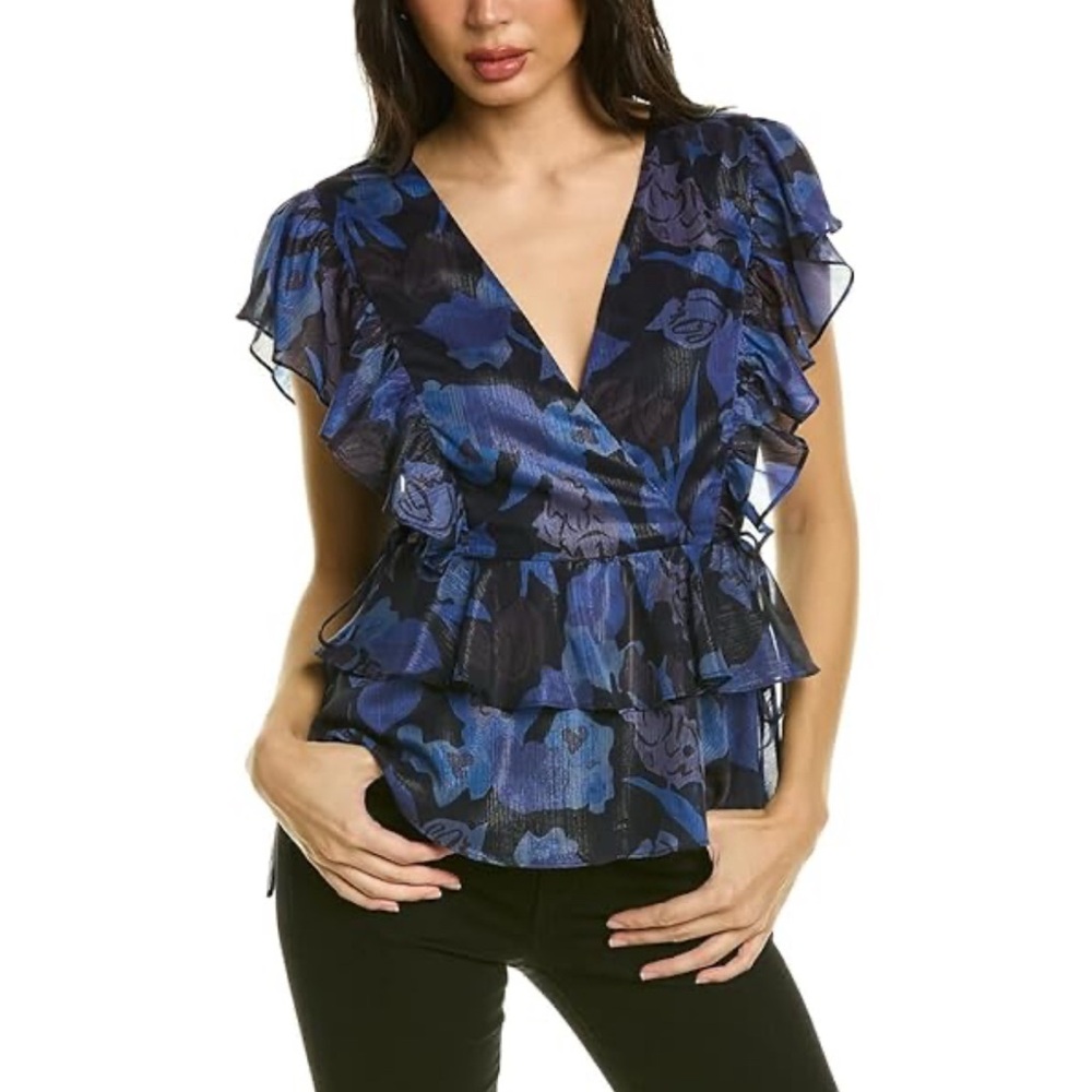 Ted Baker Navy Floral Ruffle Blouse, Sz L